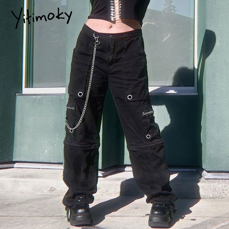 Yitimuceng Punk Pockets Chain Jeans Baggy Cargo Women Wide Leg Pants  Streetwear Hippie Straight Denim Trousers Goth